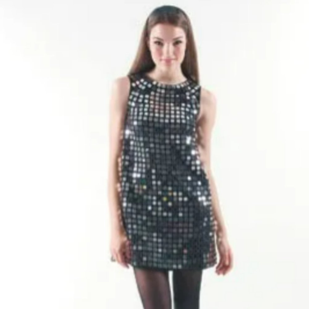 Alice & Olivia Disco Ball Mirror Sequined Black Shift Dress (with pockets)